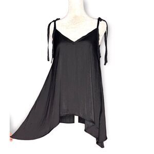Zara Satin Swing  Top Blouse Double V-Neck Sleeveless Black XS NWT